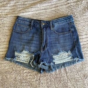 Angel Kiss Dark Wash Distressed Denim Jean Shorts Size 5 W 29” Summer Vacation